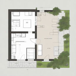 Visualize a compact 15x50 plot integrating a small shop to the side with stairs leading to a residential space at the back. The residential area includes a living room, kitchen, bathroom, and bedroom.