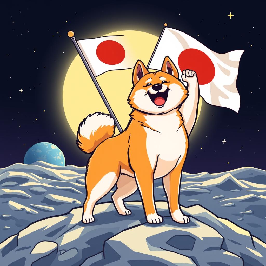 A vibrant vector illustration of an Akita Inu dog standing on the moon
