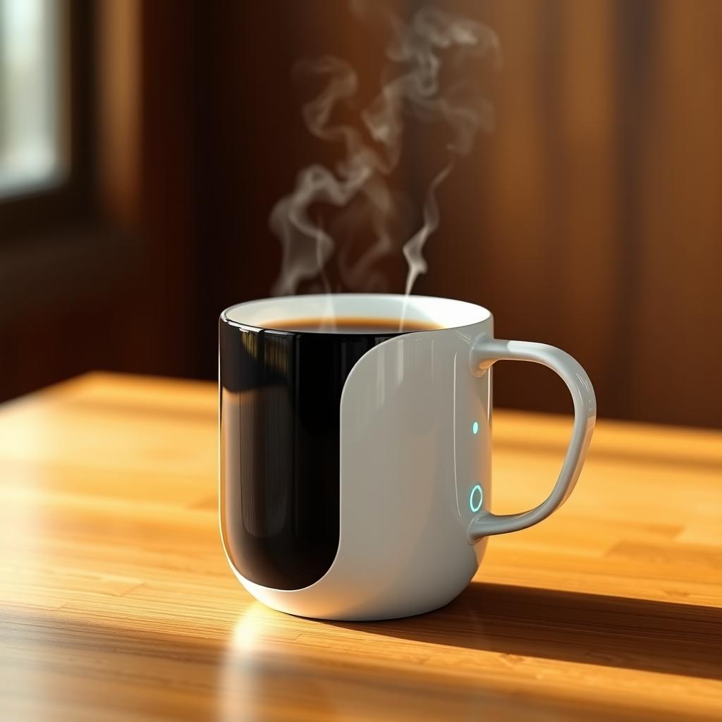 A high-tech self-heating and self-cooling cup designed for modern users, featuring sleek, minimalist design with a glossy finish