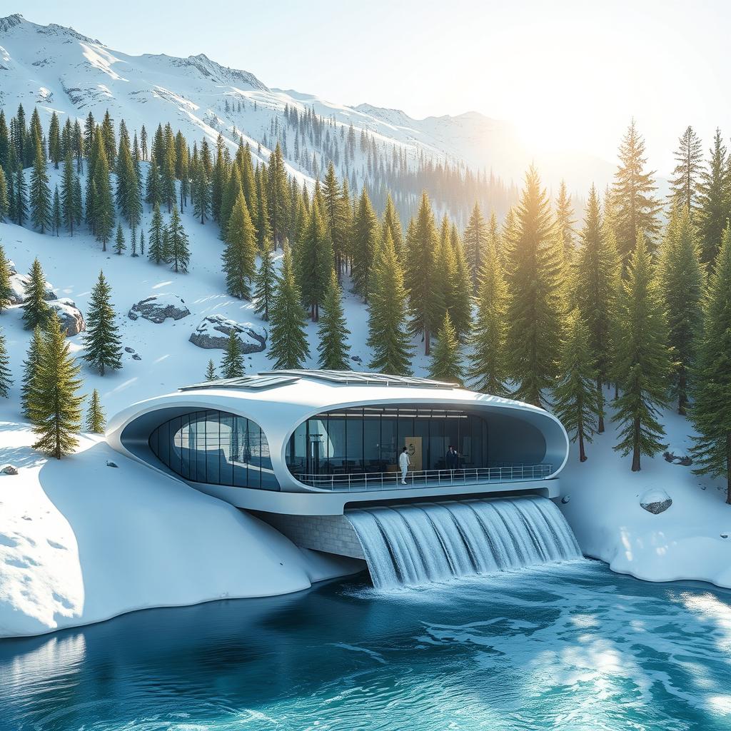 Design a small hydropower station in a futuristic style, positioned against the stunning backdrop of snowy Siberian mountains and lush green spruce trees during summer