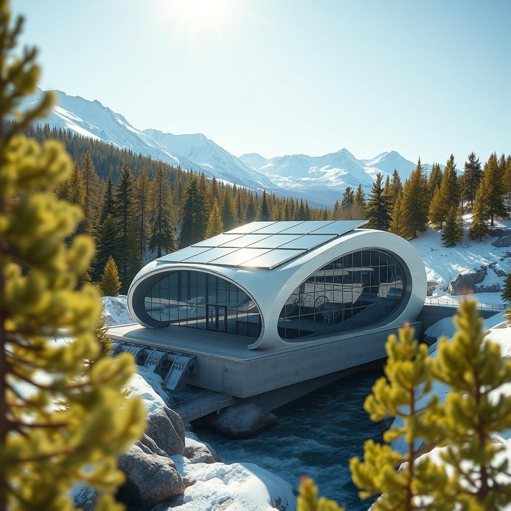 Design a small hydropower station with a futuristic aesthetic, set against the stunning backdrop of snowy Siberian mountains and vibrant summer green spruce trees