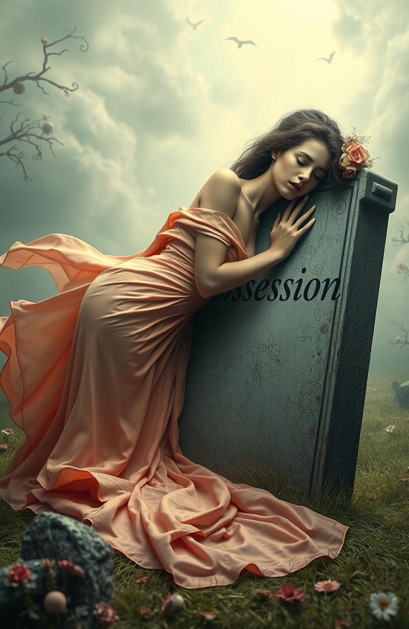 A surrealistic scene depicting a woman slowly melting into a gravestone, symbolizing her deep obsession and connection to her lover who was killed in a fit of rage at her hands