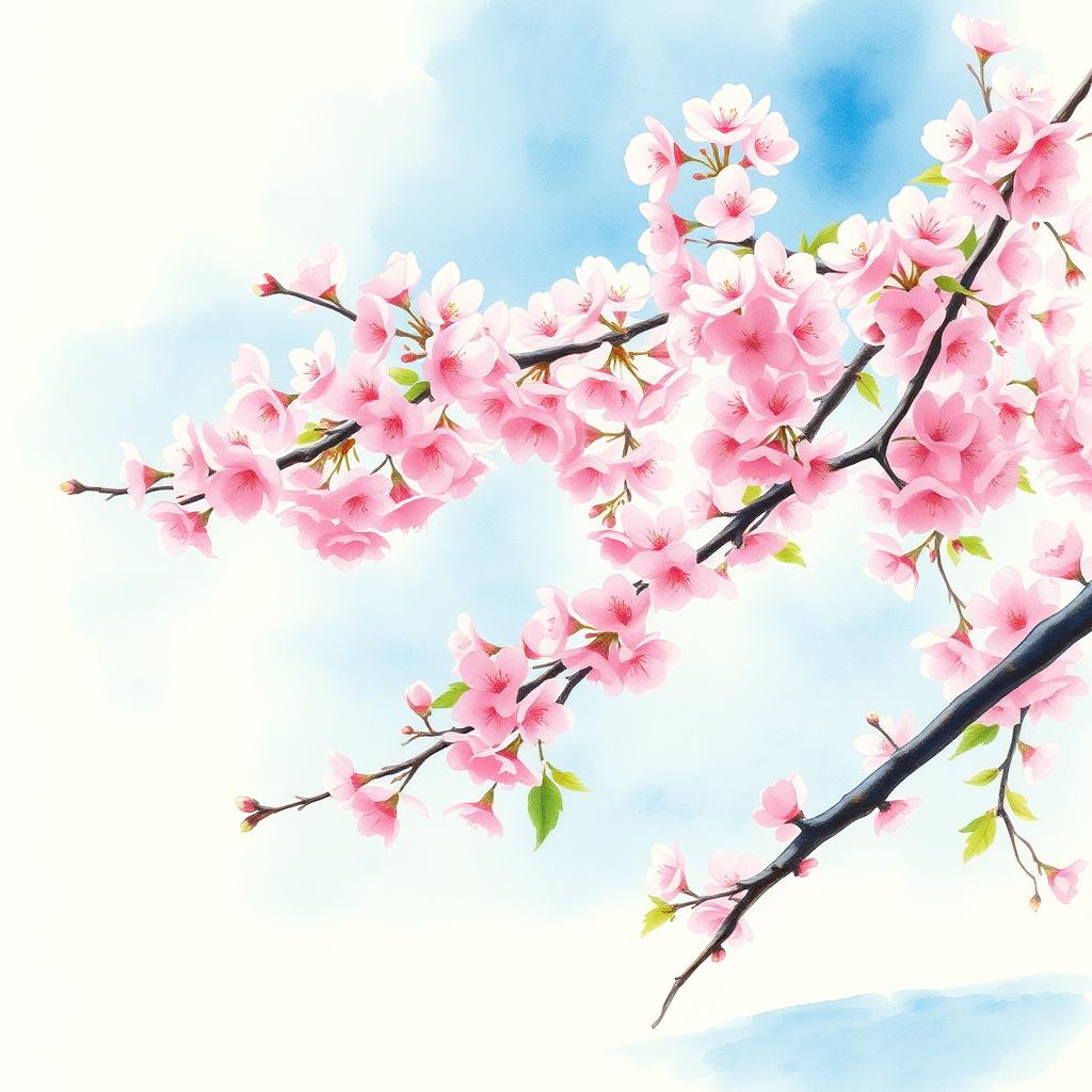 A beautiful watercolor painting of a cherry blossom tree in full bloom, showcasing delicate pink flowers clustered on its branches against a soft blue sky