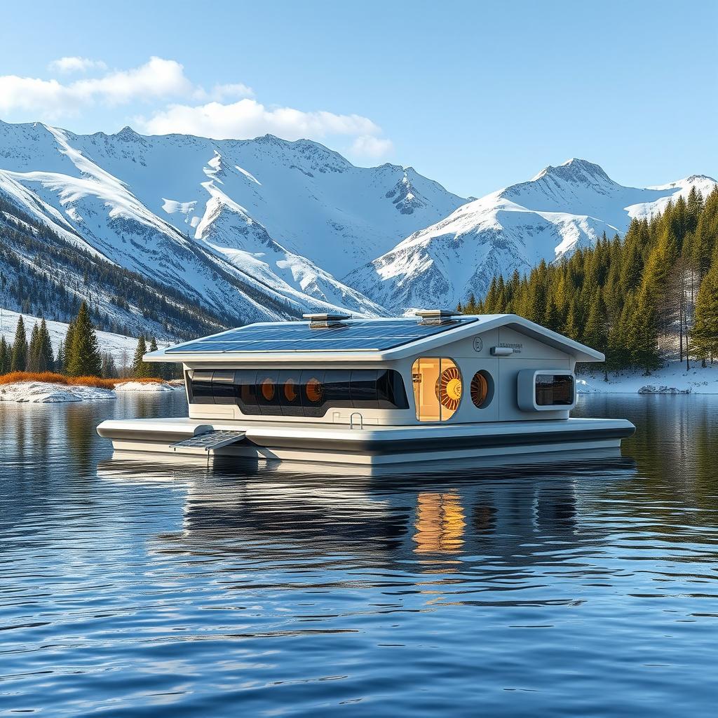 Design a small floating hydropower station in a futuristic style, situated against the breathtaking backdrop of snowy Siberian mountains and lush green spruce trees during summer