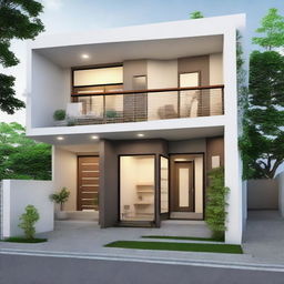 Visualize a compact 15x50 plot integrating a small shop to the side with stairs leading to a residential space at the back. The residential area includes a living room, kitchen, bathroom, and bedroom.