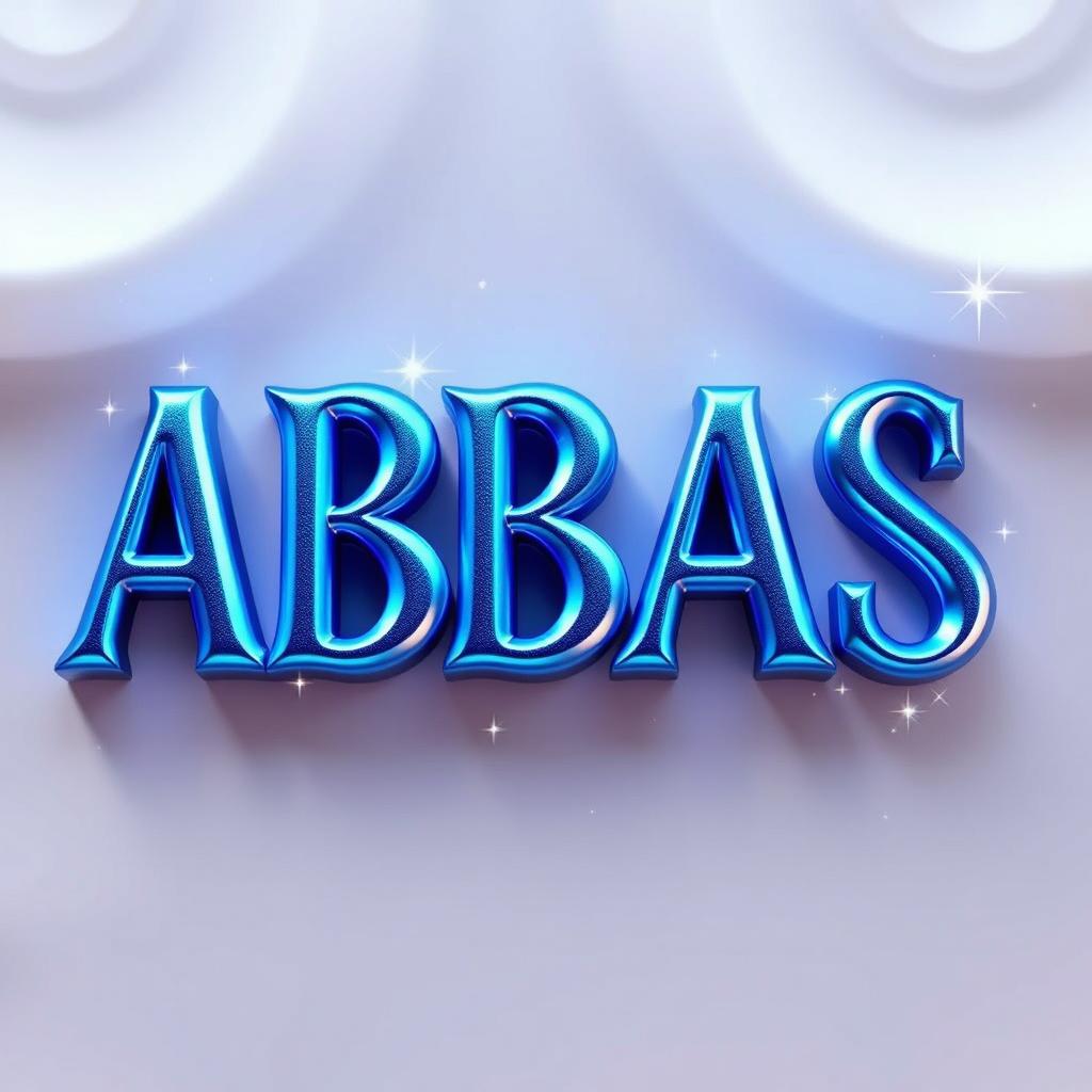 A mesmerizing 3D rendering of the word 'ABBAS' made from sleek aluminum, featuring a magical and enchanting design