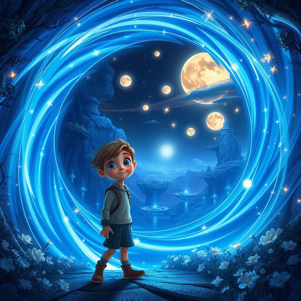 A swirling portal of blue and silver light, shaped like a glowing mirror, opens in front of a wide-eyed boy named Elias