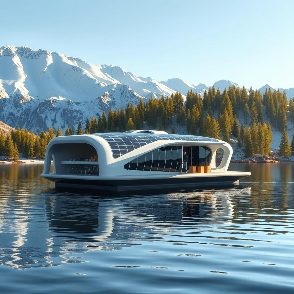 Design a small floating hydropower station in a futuristic style, set against the breathtaking backdrop of snowy Siberian mountains and vibrant summer green spruce trees