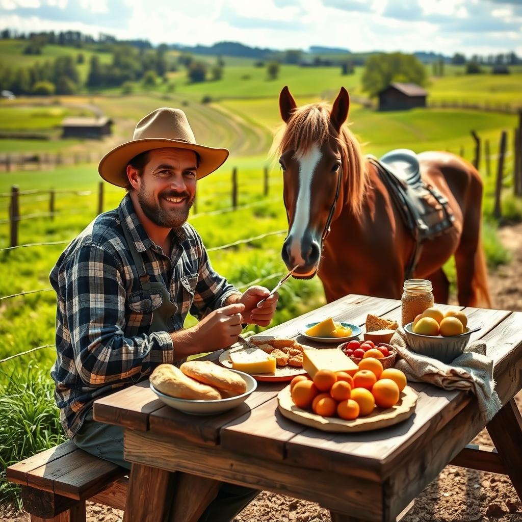 A man enjoying a meal with his horse in a picturesque agricultural setting