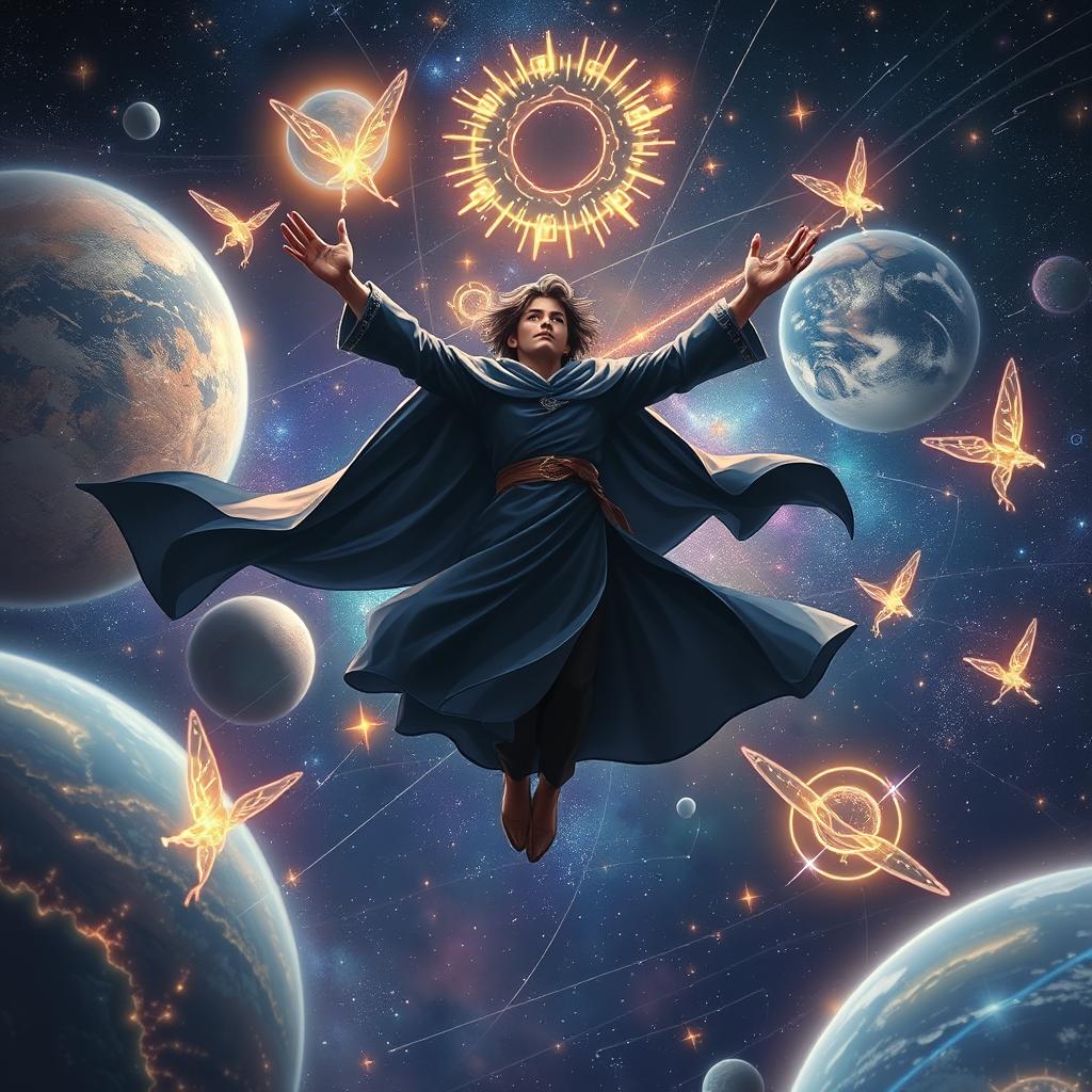 Elias floats gracefully in a breathtaking cosmic world, enveloped by glowing planets and ethereal flying creatures made of light