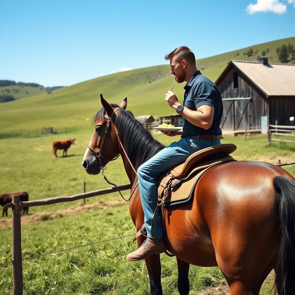 A man sitting on a horse, enjoying a meal in a picturesque farm setting