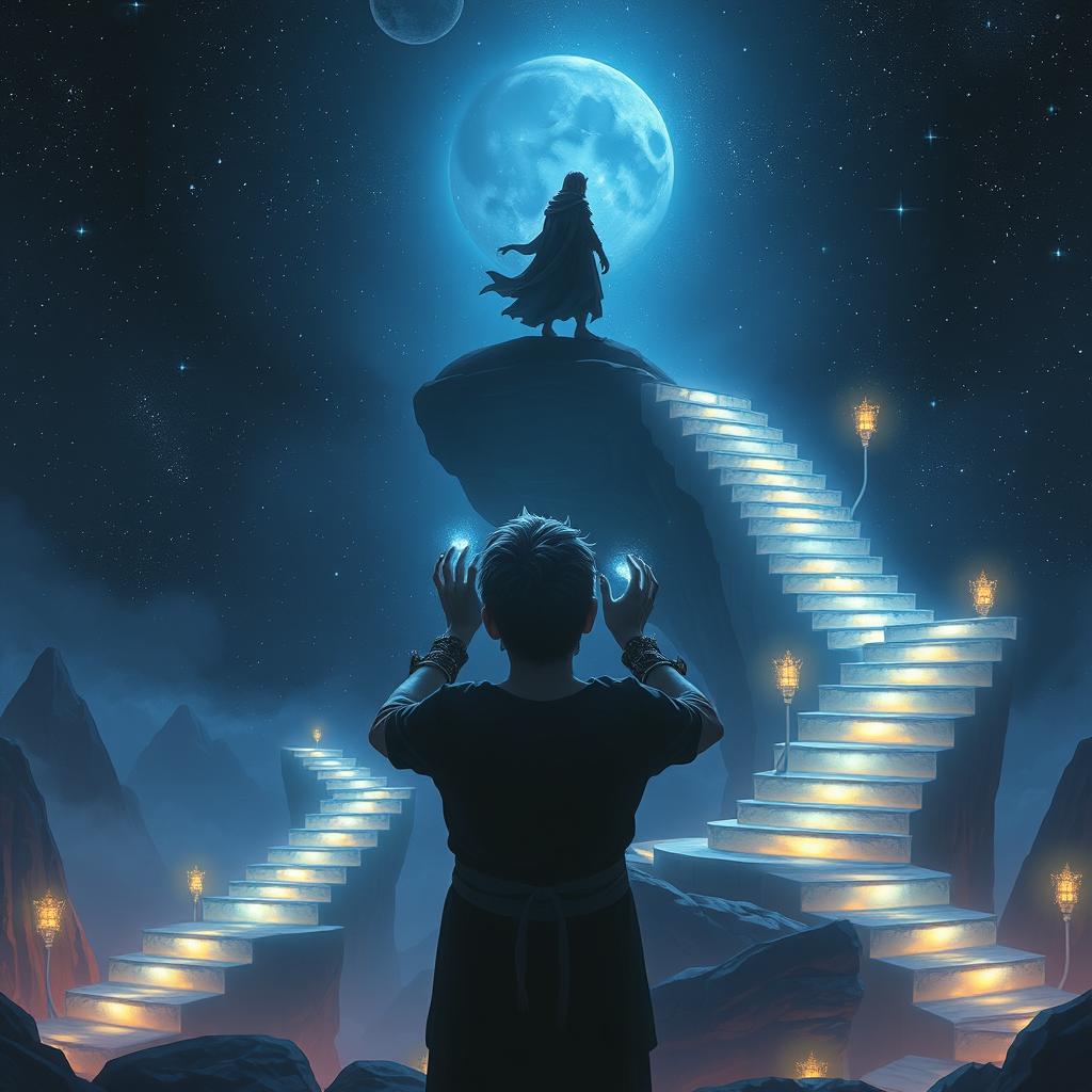 Elias stands mesmerized as he gazes at his hands, which are glowing with a luminous silver-blue light reminiscent of the Moonflower