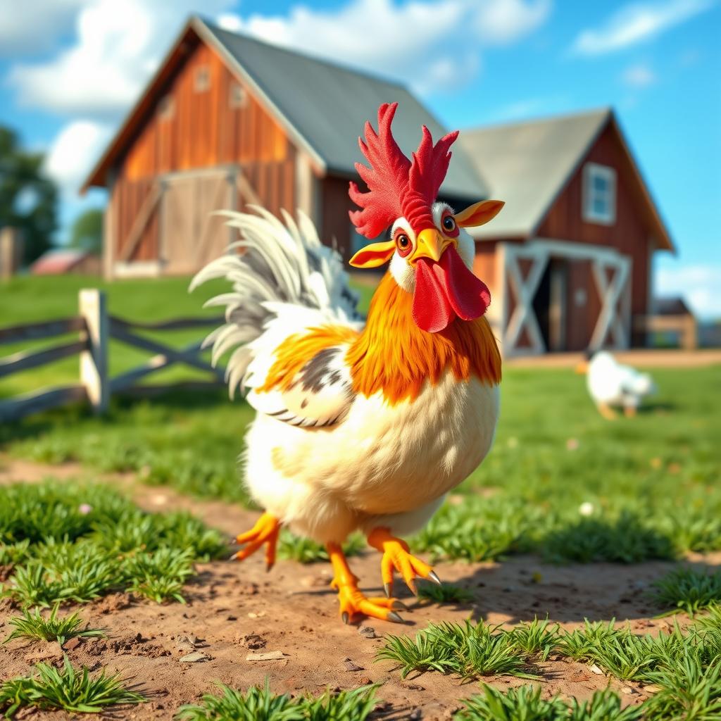 A whimsical scene set on a farm featuring a lively chicken with distinct stylish feathers, playfully walking around