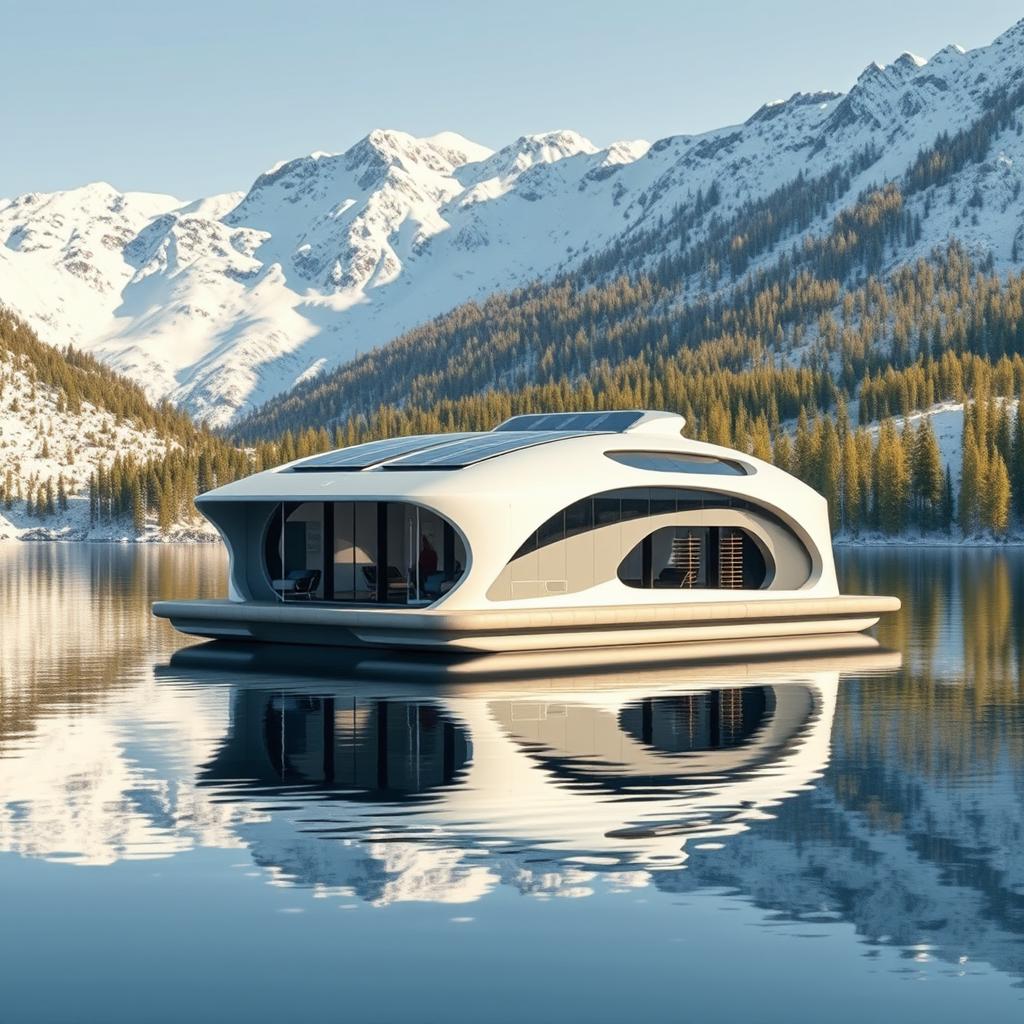 Design a small floating hydropower station with a futuristic style, set against the breathtaking backdrop of snowy Siberian mountains and lush summer green spruce trees