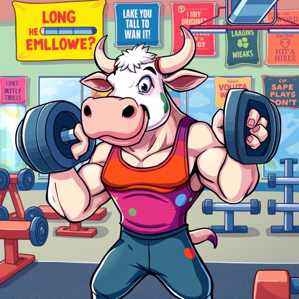A cartoon-style illustration of a strong, muscular cow lifting weights in a gym