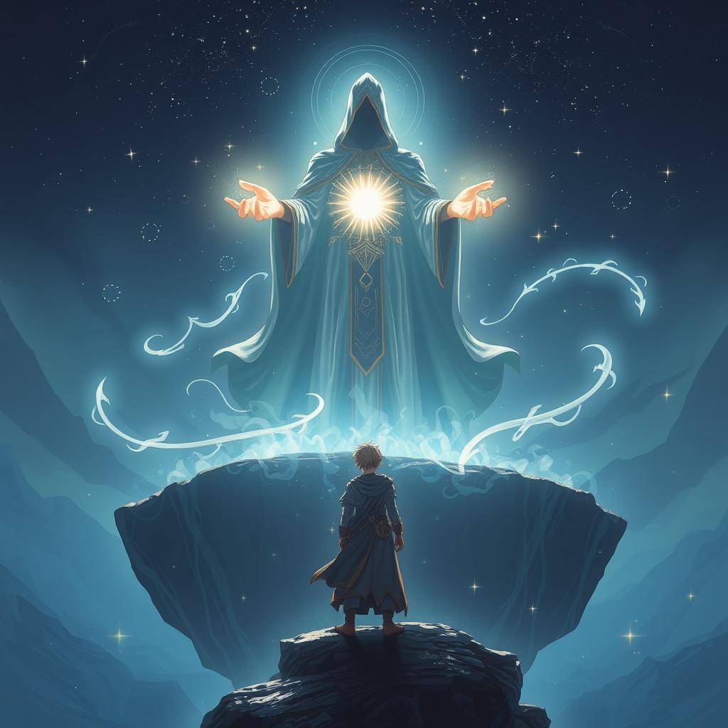 A tall figure in a celestial robe stands majestically on a floating island, their face obscured by a shadowy hood while their hands emanate a brilliant glow of cosmic energy