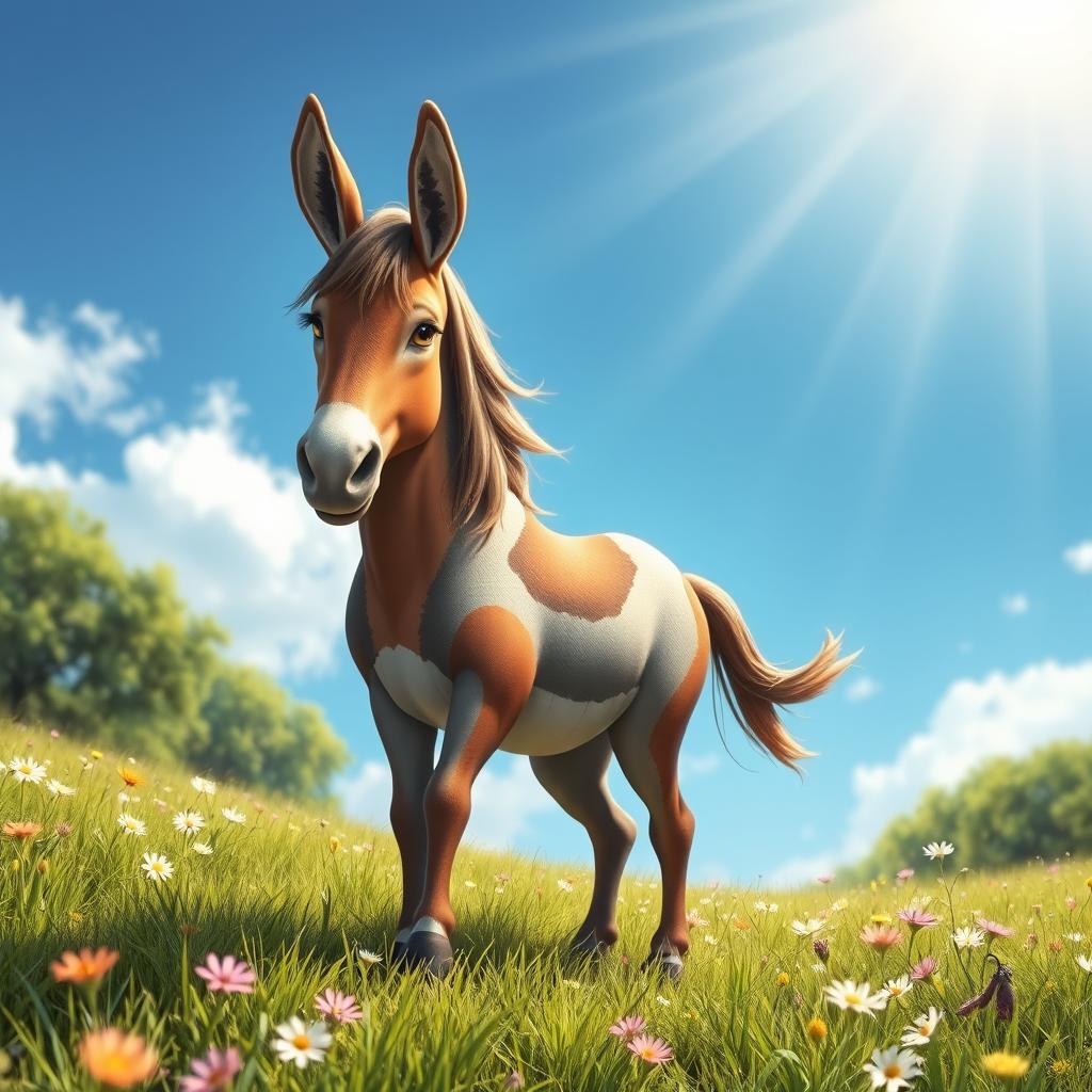 A whimsical and fantastical scene depicting a charming and playful fusion of a horse and a donkey, blending their physical features together in a harmonious way