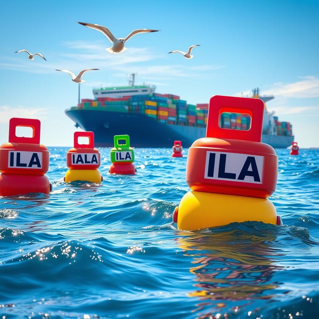 A vibrant seascape featuring IALA buoys floating in the ocean, with a large cargo ship sailing in the background