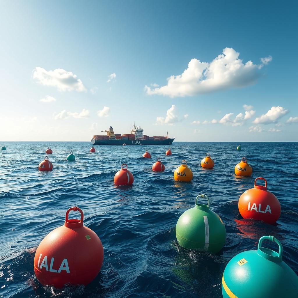 A scenic view of IALA buoys floating in the ocean, colorful and distinct against the blue waters
