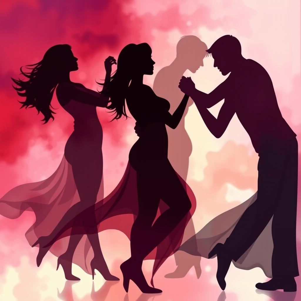 A visually captivating abstract representation of human interactions and intimacy, featuring intertwined silhouettes of adults engaged in a dance, showcasing graceful movements and fluid shapes