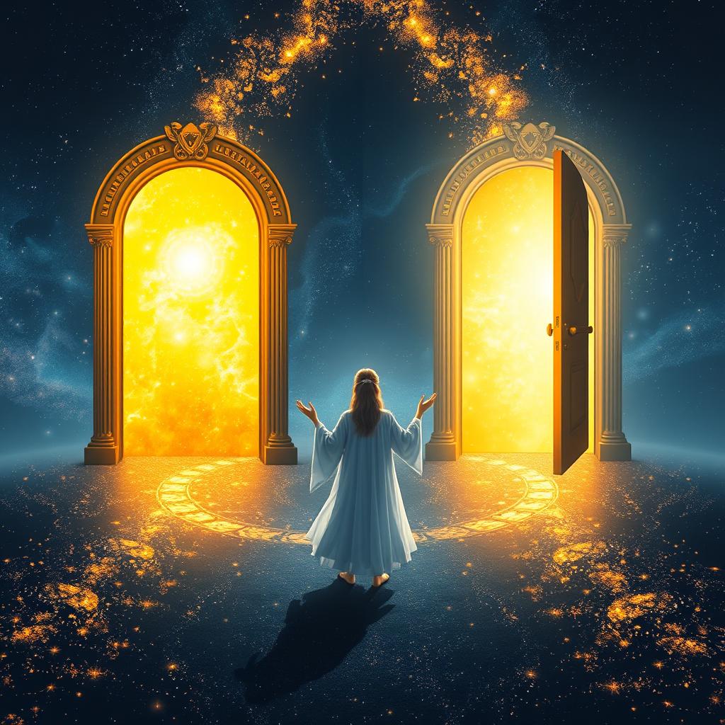 Elias stands before two magnificent glowing doors—one shimmering in radiant gold and the other gleaming in a pristine silver