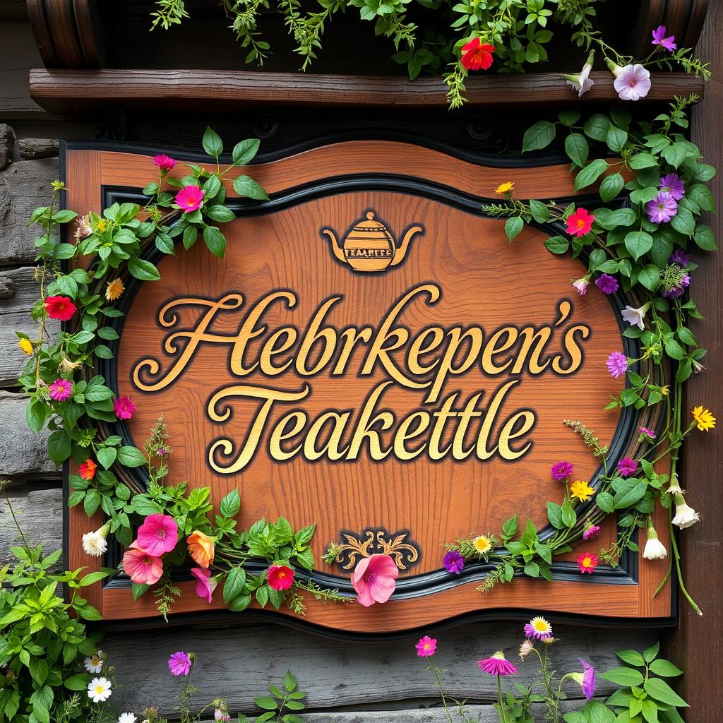 A beautifully crafted wooden sign for an apothecary building, intricately engraved with the text "Herbkeeper's Teakettle" in elegant, flowing script