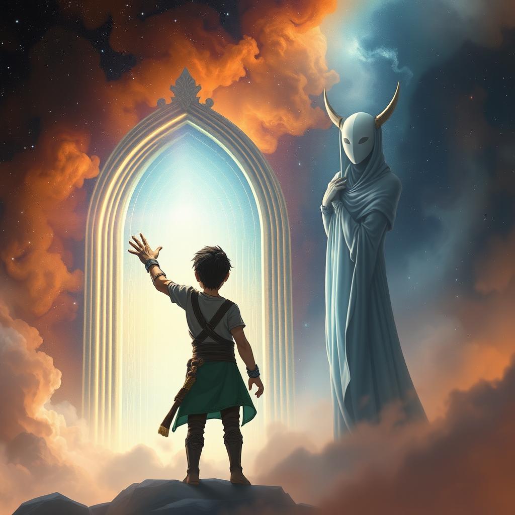 Elias stands with a determined expression as he reaches out towards one of the glowing doors, filled with purpose and resolve