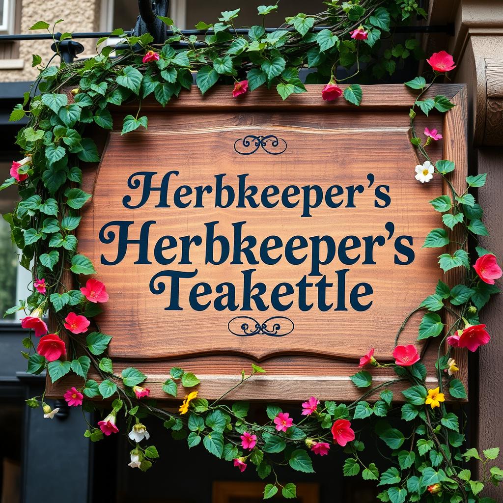 A beautifully crafted wooden sign designed for an apothecary building, prominently displaying the text "Herbkeeper's Teakettle" in elegant black lettering