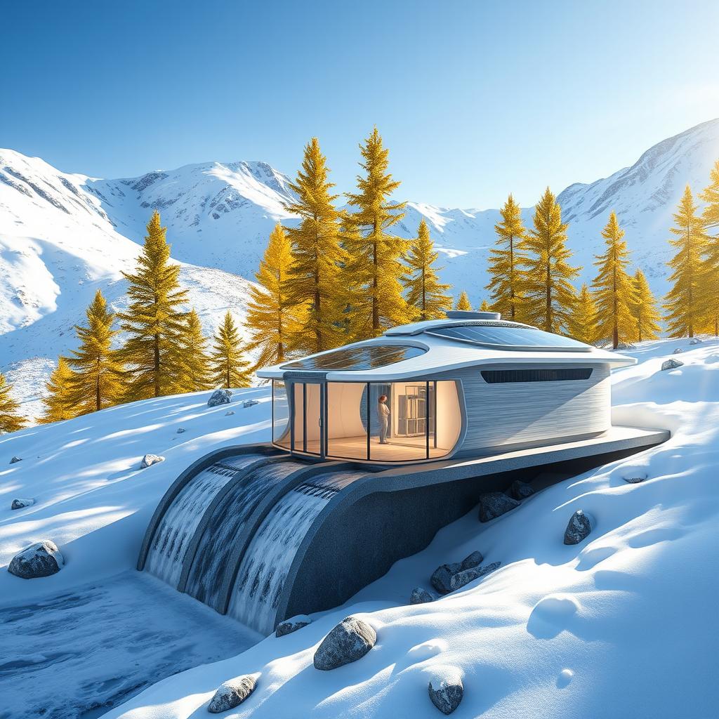Develop a conceptual design for a small mini hydropower station, set against the stunning backdrop of snowy Siberian mountains and vibrant summer green spruce trees