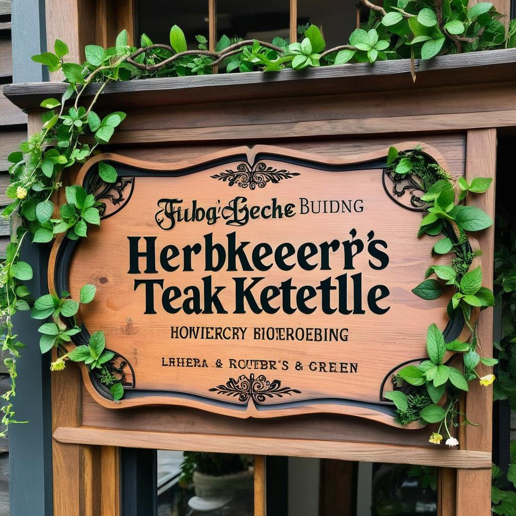wooden sign for an apothecary building that reads "Herbkeeper's Teakettle" in black text with green vines and flowers around it