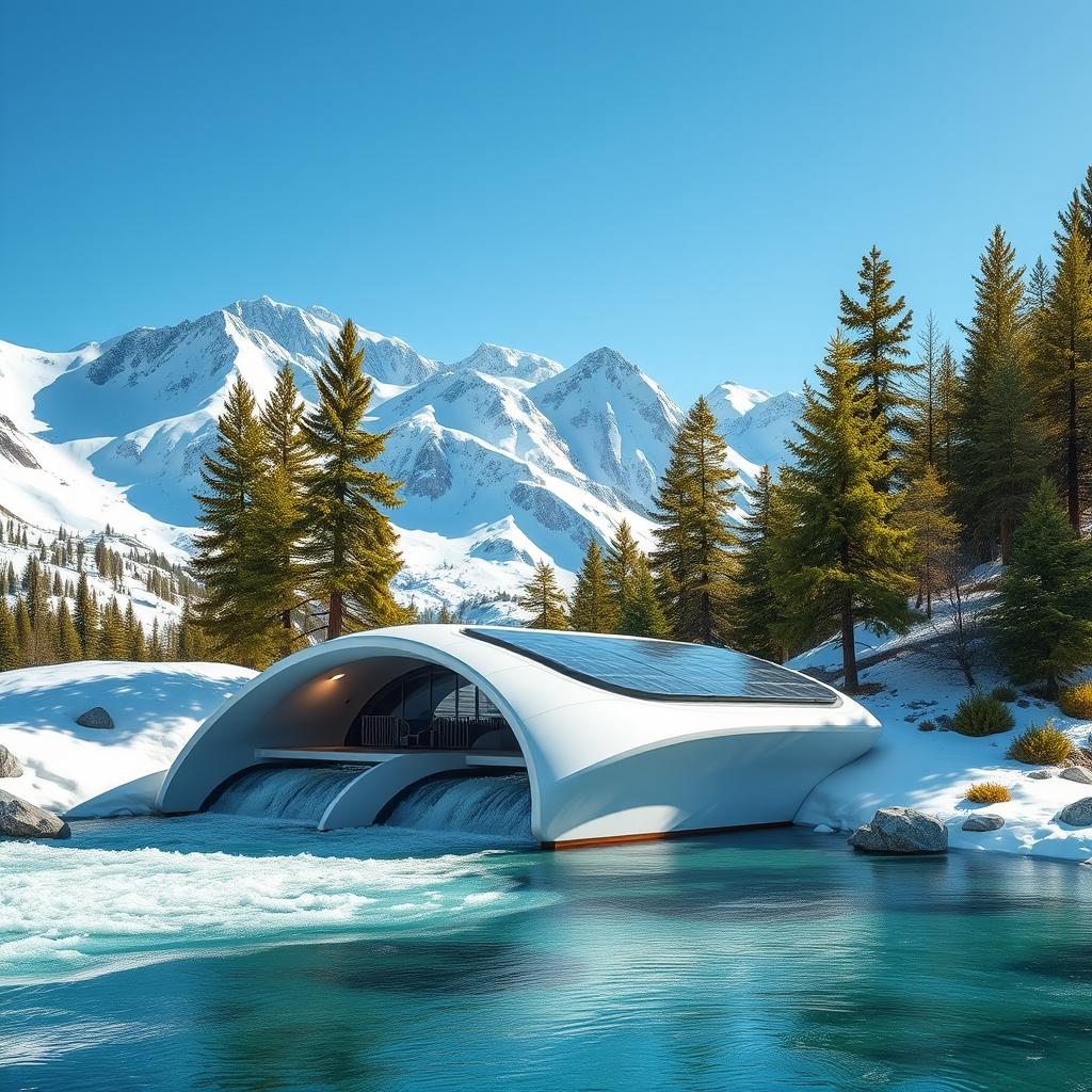 Develop a concept design for a small mini hydropower station in a futuristic style, set against the stunning backdrop of snowy Siberian mountains and lush green spruce trees in the summer