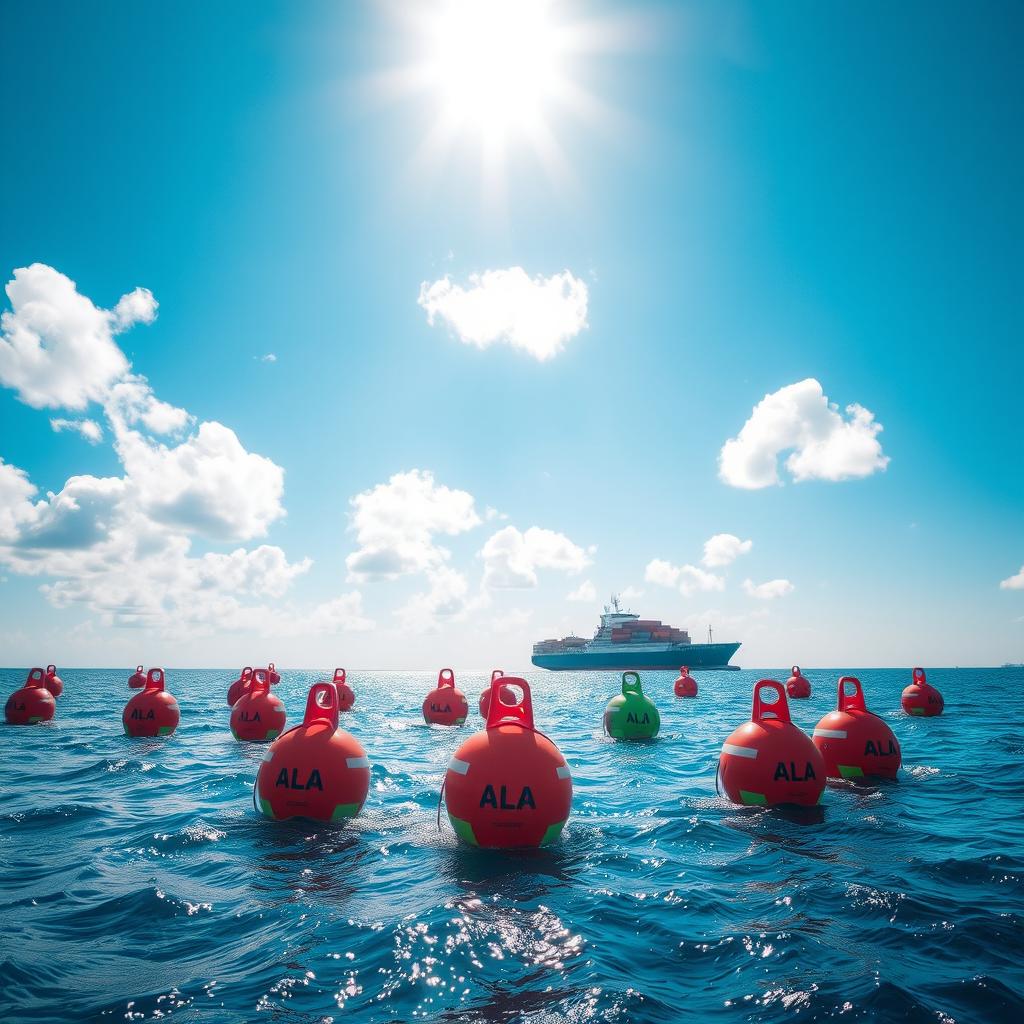An expansive seascape featuring a number of IALA buoys floating gently on the sparkling blue ocean water