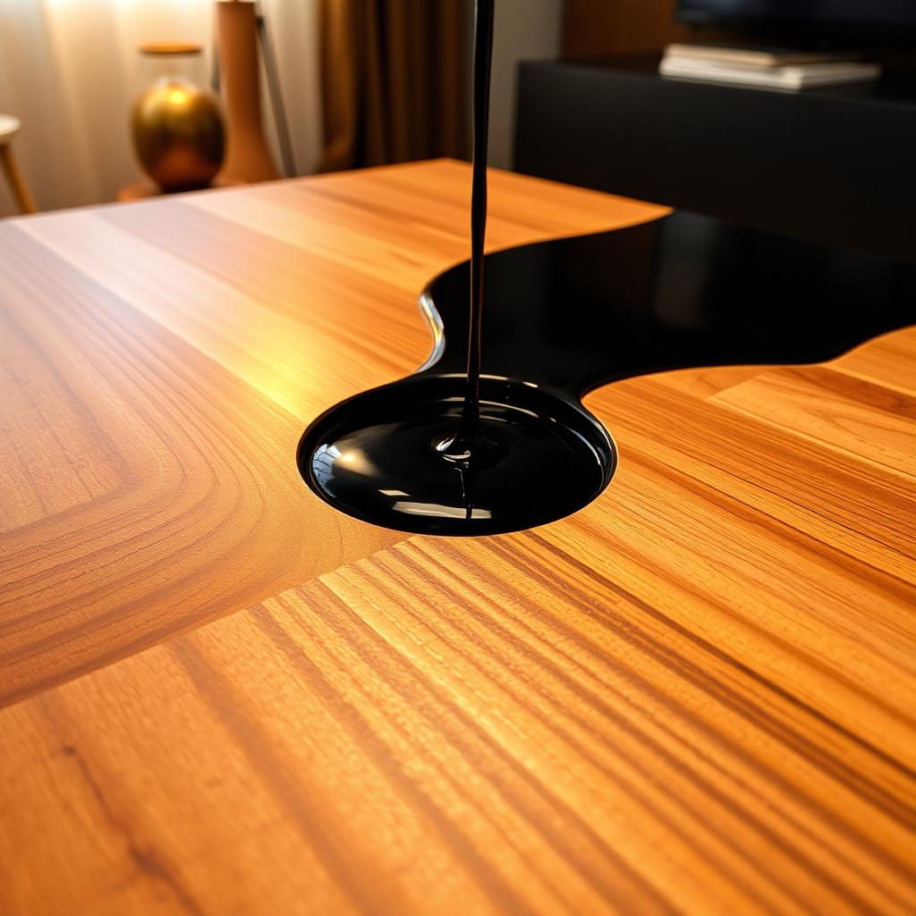 A beautifully styled image showcasing a close-up of a table with a gap being filled with shimmering black epoxy resin
