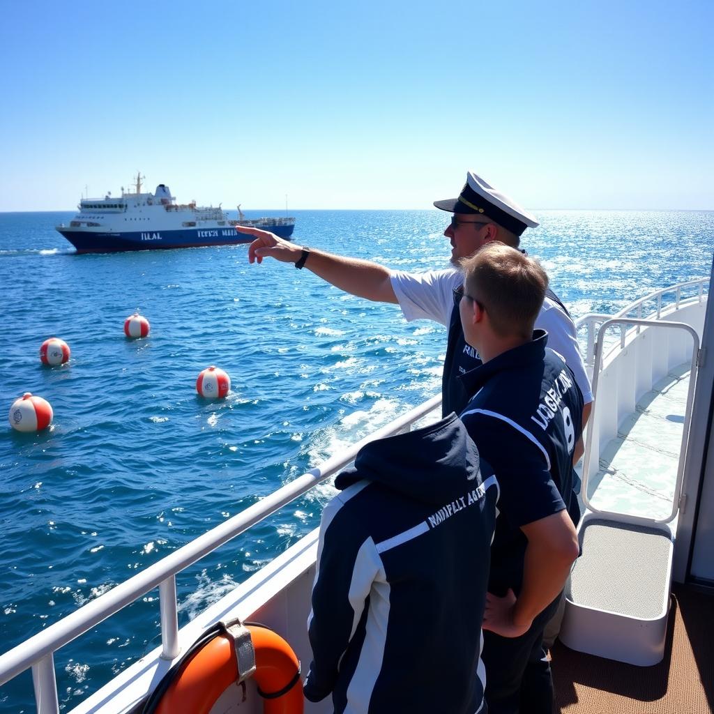 A ship captain pointing towards the sea while standing on the bridge of a large vessel, with a deck cadet attentively observing