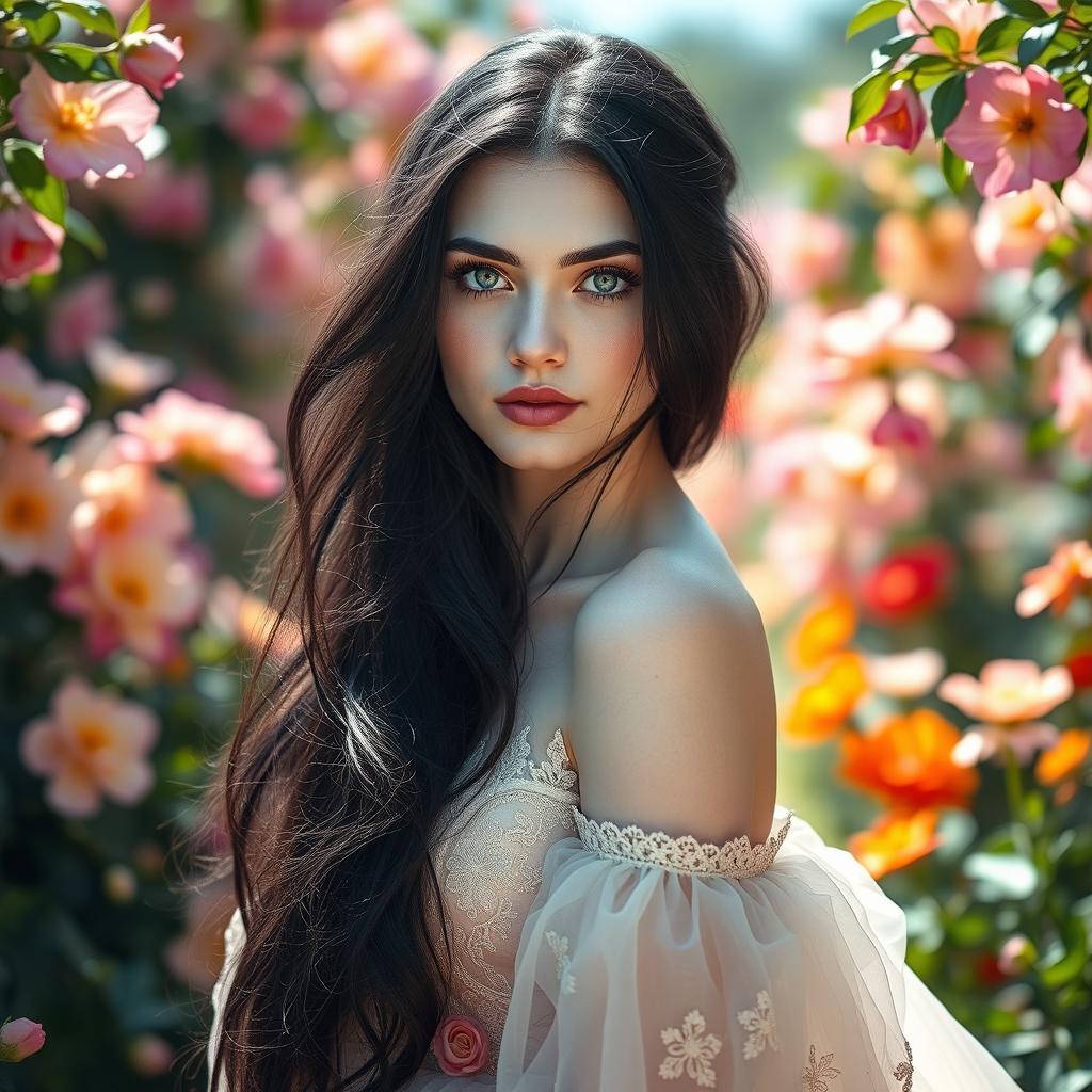 A stunning portrait of a woman with white skin, featuring long flowing black hair and striking green eyes