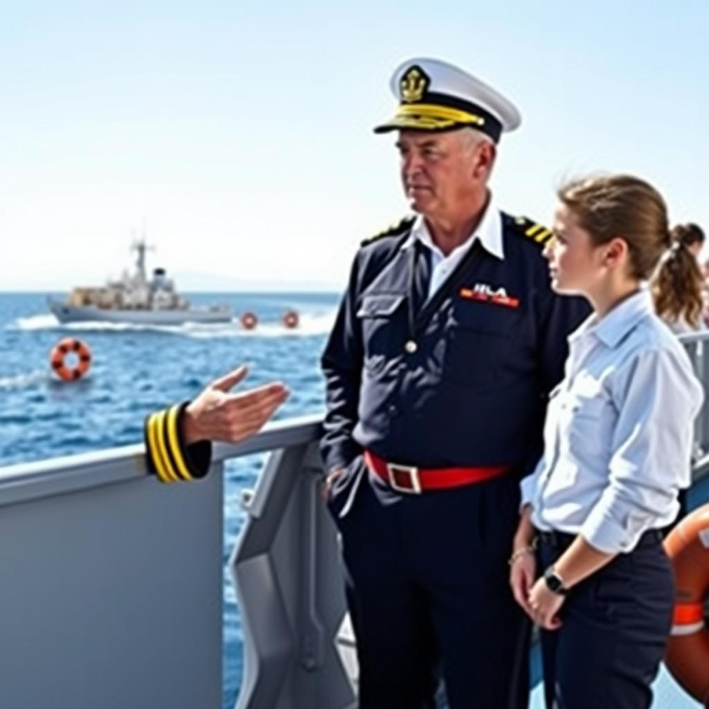 A ship captain confidently explaining to a deck cadet while standing on the ship's bridge