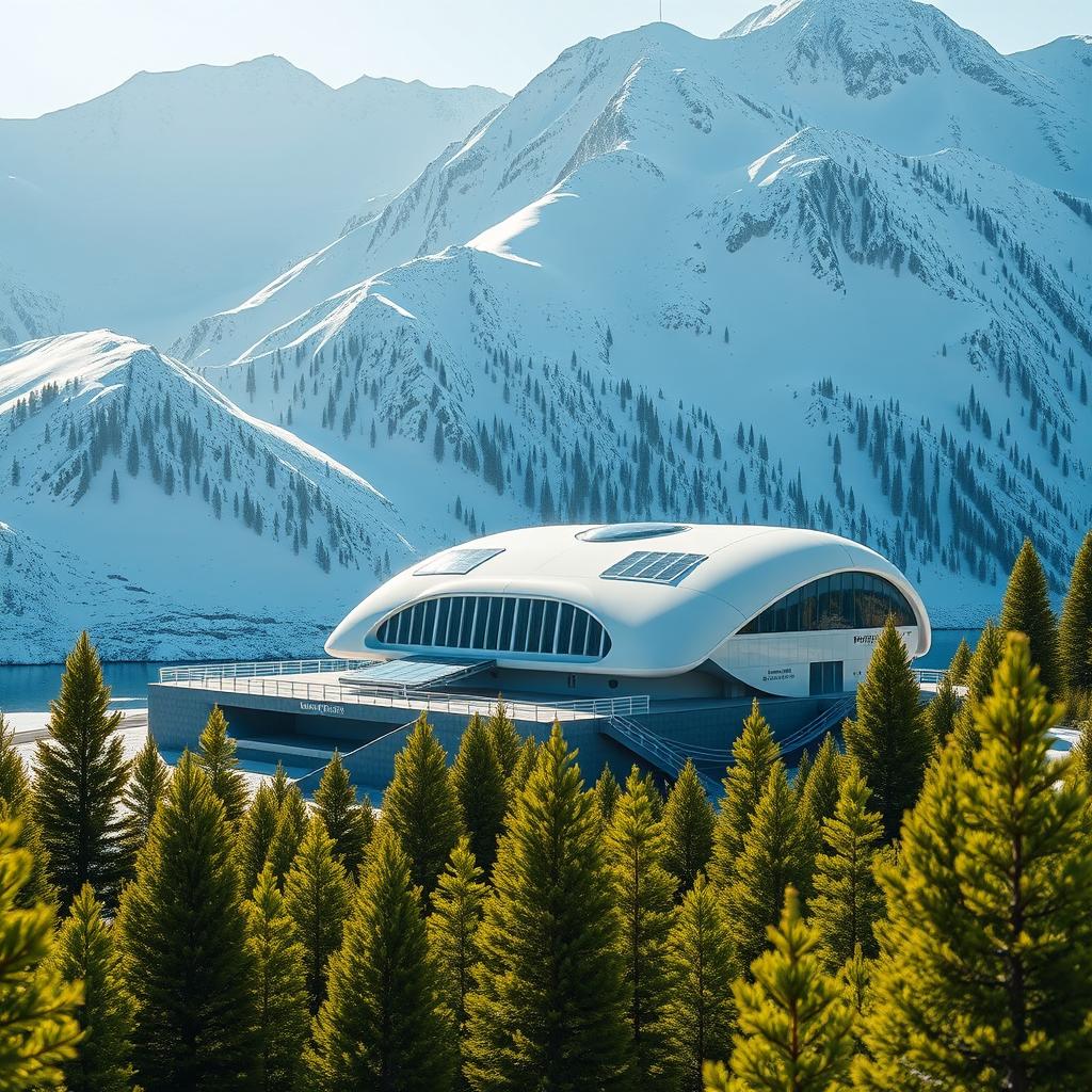 Develop a conceptual design for a small hydropower station in a futuristic style, set against the stunning backdrop of snowy Siberian mountains and vibrant summer green spruce trees