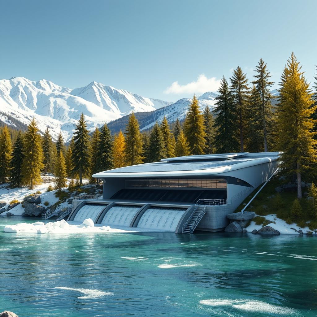Develop a concept for a small hydropower station, set against the breathtaking backdrop of snowy Siberian mountains and vibrant summer green spruce trees