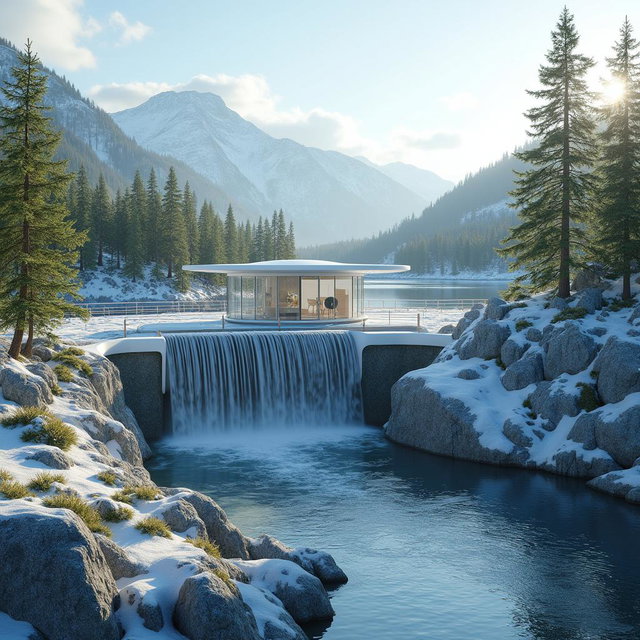 Create a design for a mini hydropower station set against the breathtaking backdrop of snowy Siberian mountains and vibrant summer green spruce trees