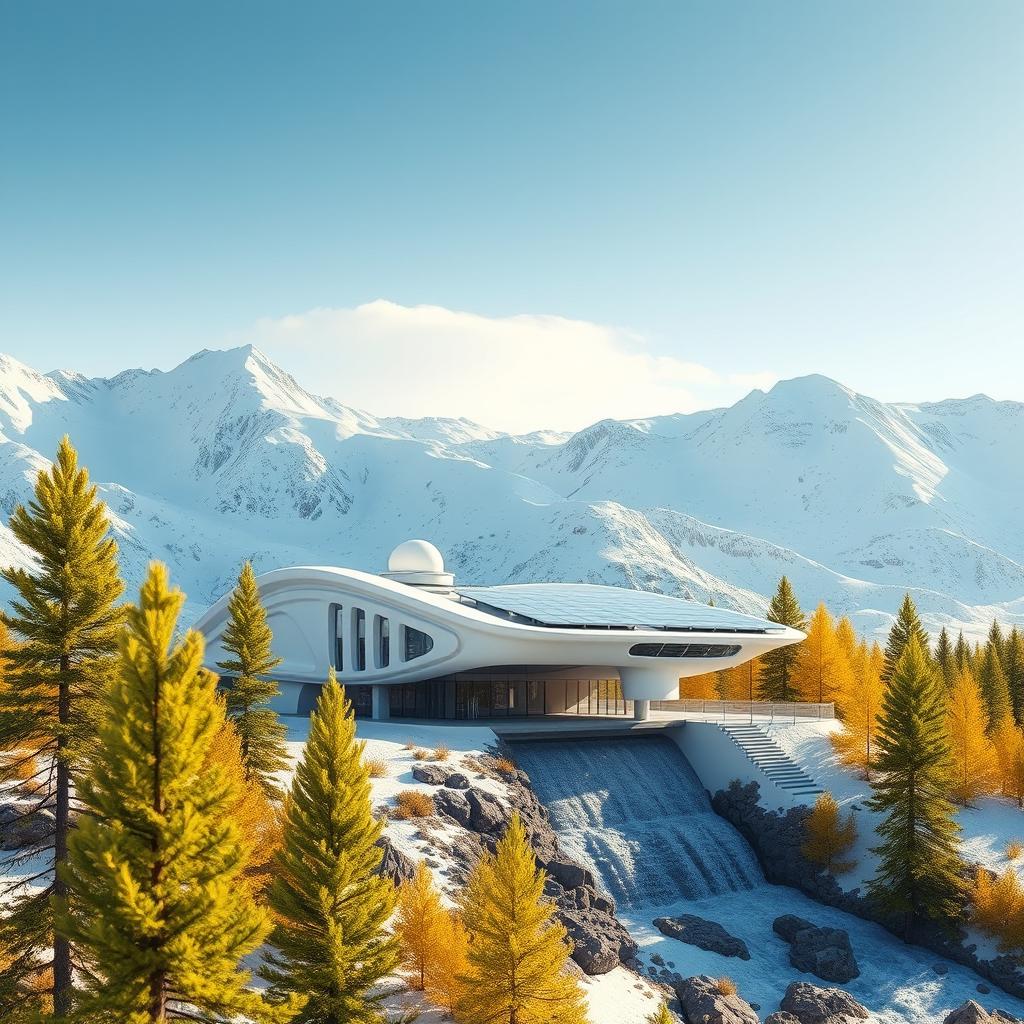 Create a design concept for a small mini hydropower station in a futuristic style, situated against the striking backdrop of snowy Siberian mountains and vibrant summer green spruce trees