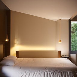 A modern bedroom interior with sleek furniture, minimalist decor and contemporary lighting fixtures.