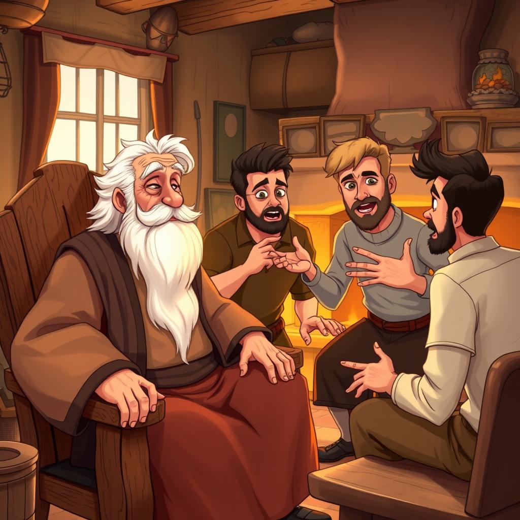 An illustration of a wise old man, seated on a wooden chair with a thoughtful expression