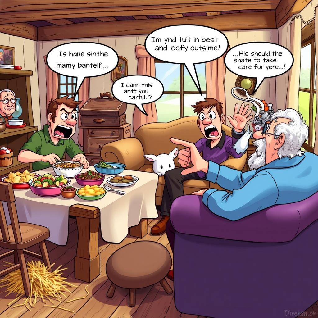 A vibrant and lively scene depicting the three sons quarreling over various trivial matters in their home