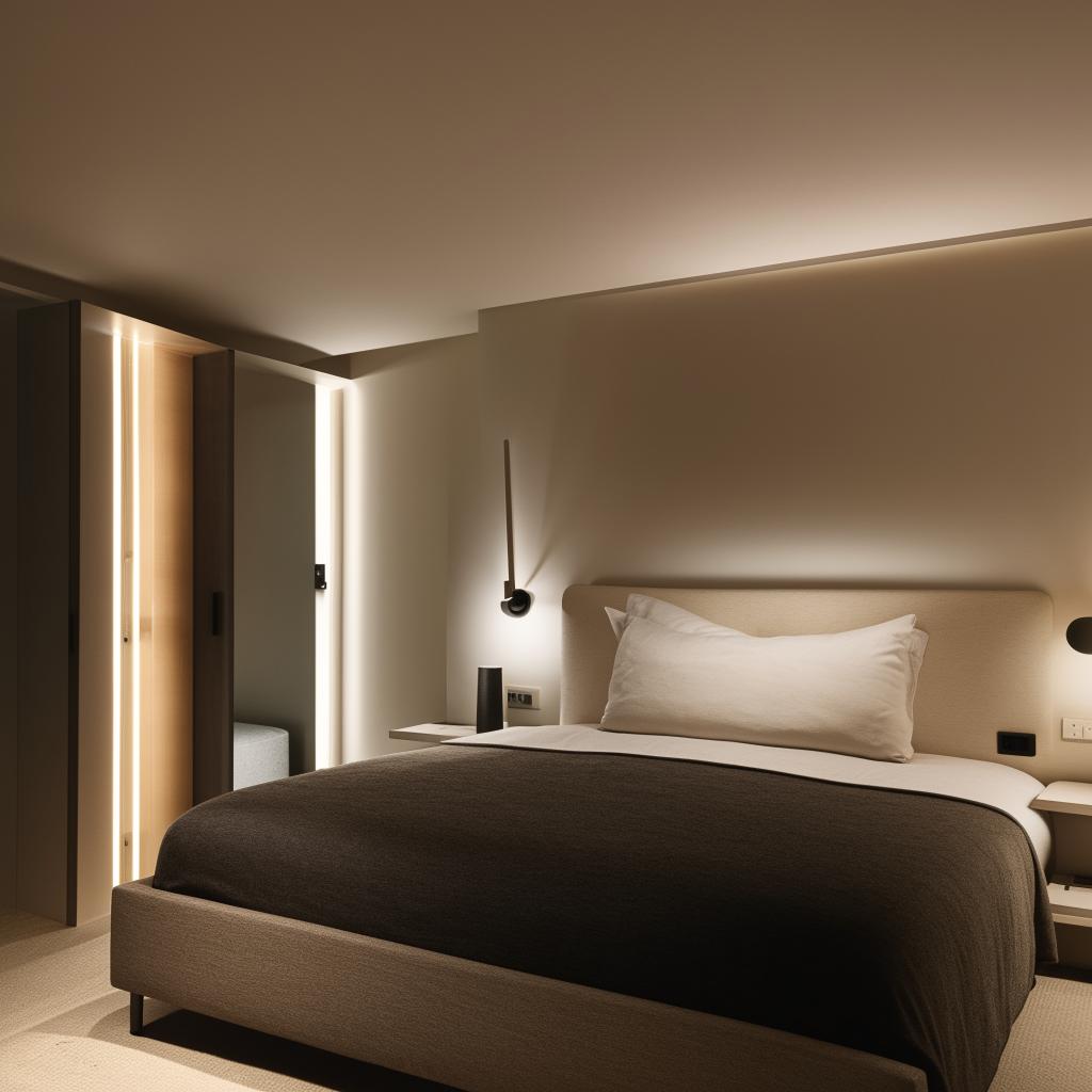 A modern bedroom interior with sleek furniture, minimalist decor and contemporary lighting fixtures.