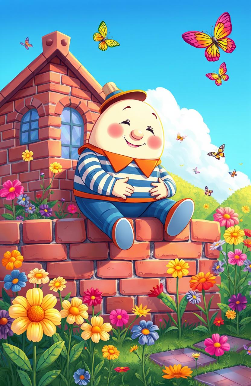 A whimsical and colorful illustration of Humpty Dumpty sitting comfortably on a brick wall, with a playful expression on his face