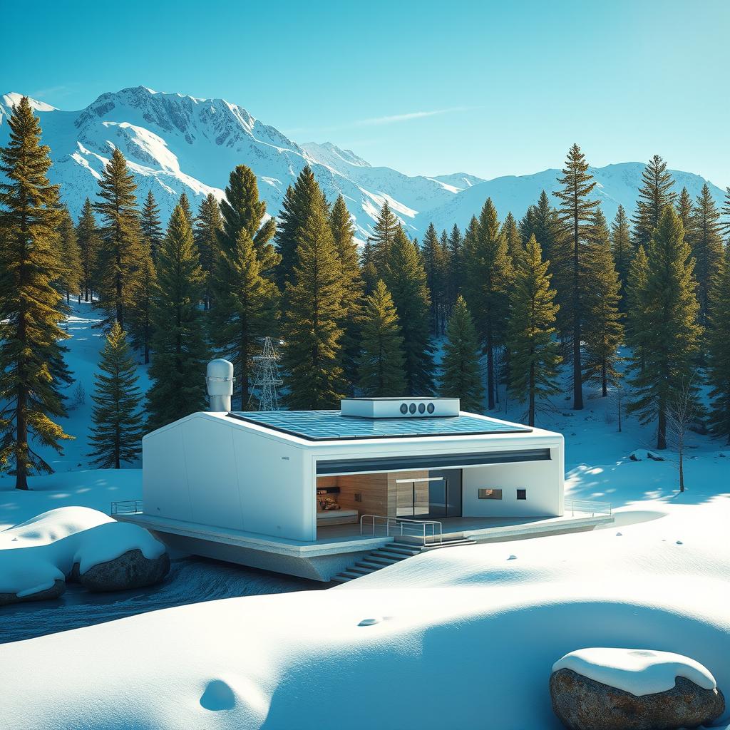 Design a small mini hydropower station in a futuristic style, set against the breathtaking backdrop of snowy Siberian mountains and lush green spruce trees in summer