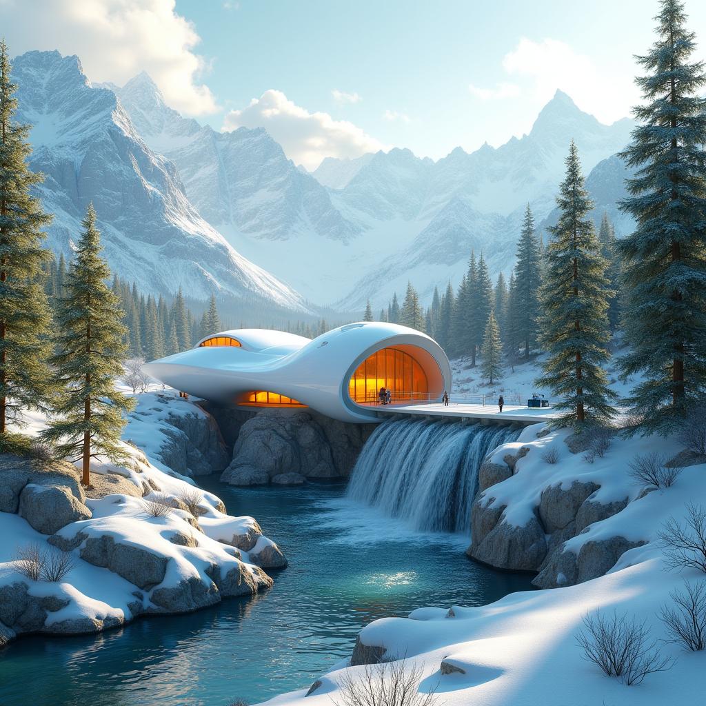 Design a small mini hydropower station set against the stunning backdrop of snowy Siberian mountains and lush summer green spruce trees