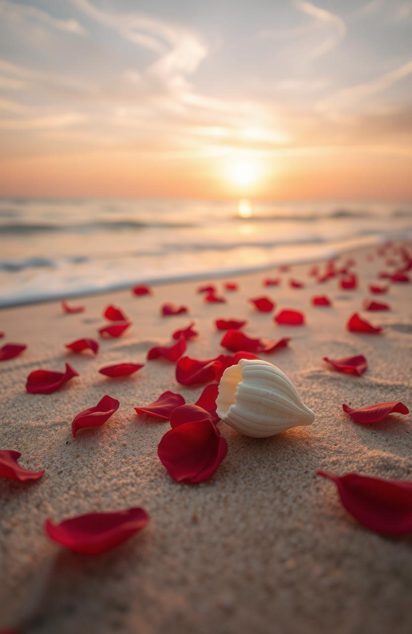 A romantic scene featuring delicate, fallen red rose petals scattered across a soft, sandy beach