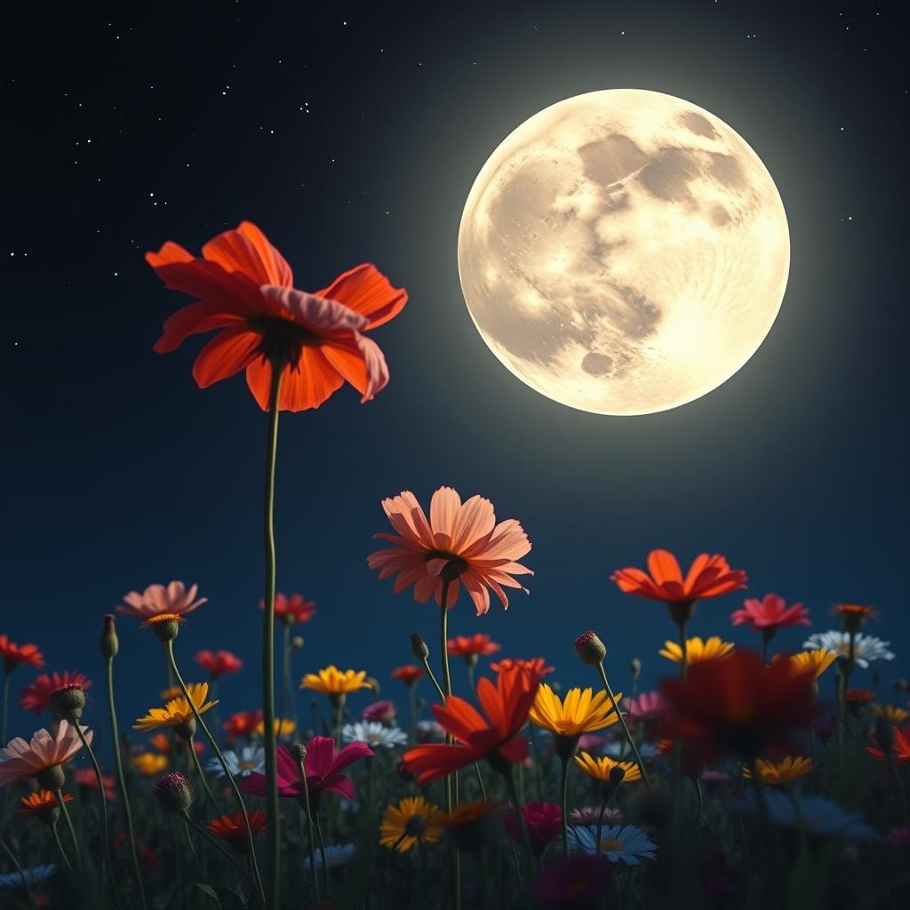 A serene night scene featuring a large, detailed full moon casting a soft glow over a field of vibrant flowers