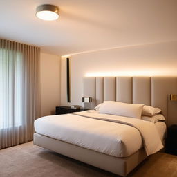 A modern bedroom interior with sleek furniture, minimalist decor and contemporary lighting fixtures.